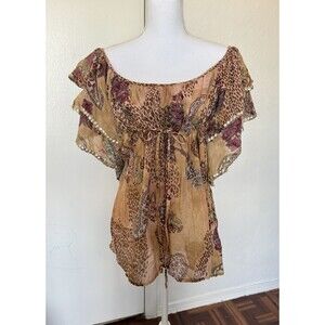 Chaudry KC Brown Tan & Purple Animal Print Paisley Top Size L Made In India